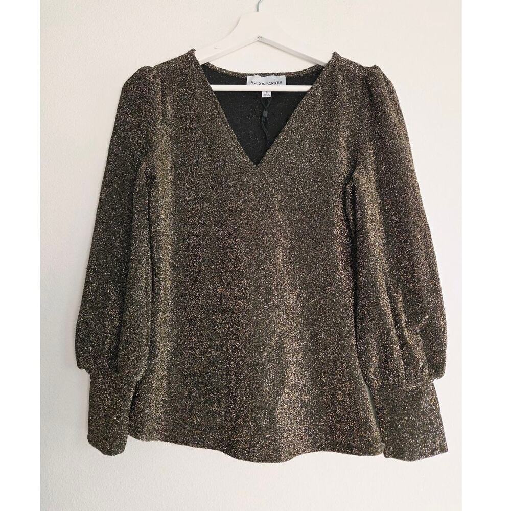 Alex & Parker Metallic Lurex Puff Sleeve Top Small Gold Balloon Sleeve Blouse - Picture 2 of 10